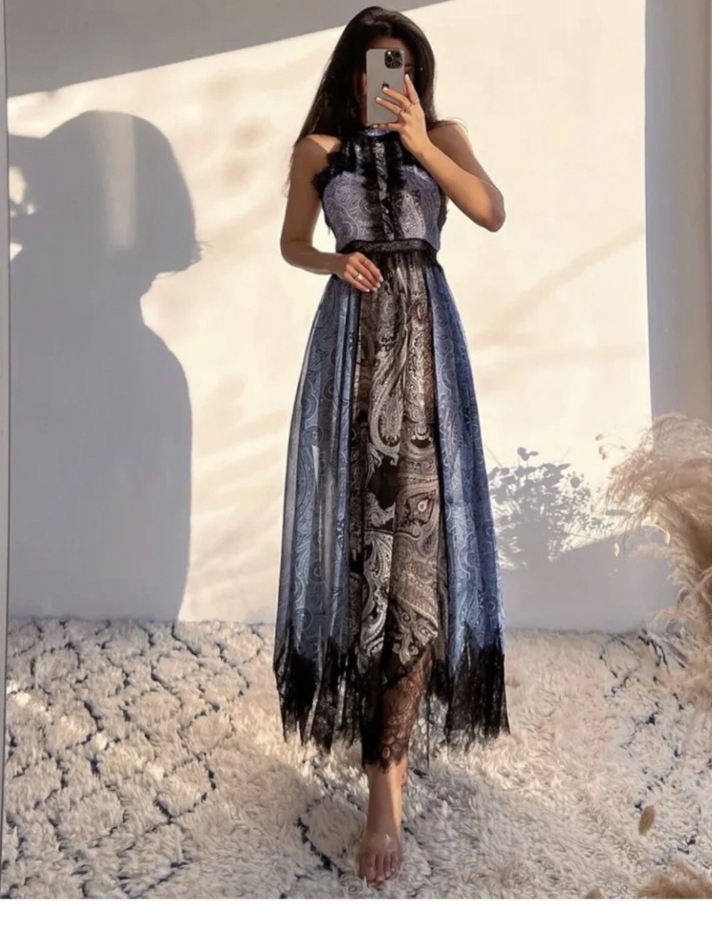 Zara Studio limited Edition Sleeveless Blue Paisley Lace Trim Maxi Dress